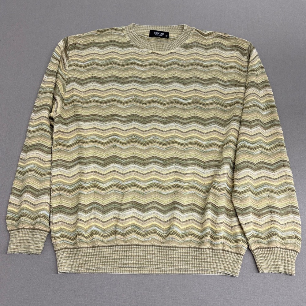 Toscano Mens Medium Made in Italy Chevron Zigzag Knit Crewneck Sweater Green Tan